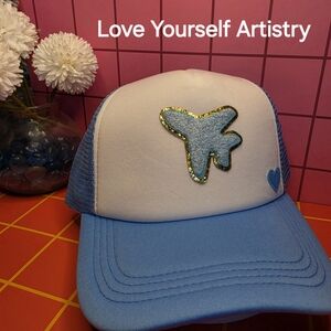 Blue and White Trucker Hat with Airplane Patch